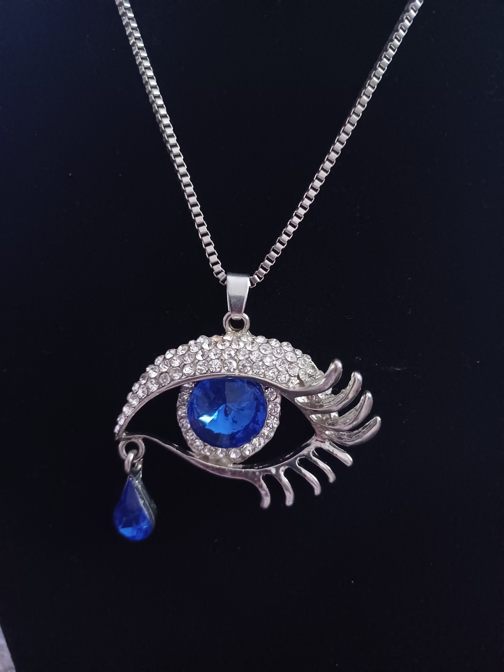 Silver Eye Pendant Necklace with Royal Blue Crystal Tear Drop Accent